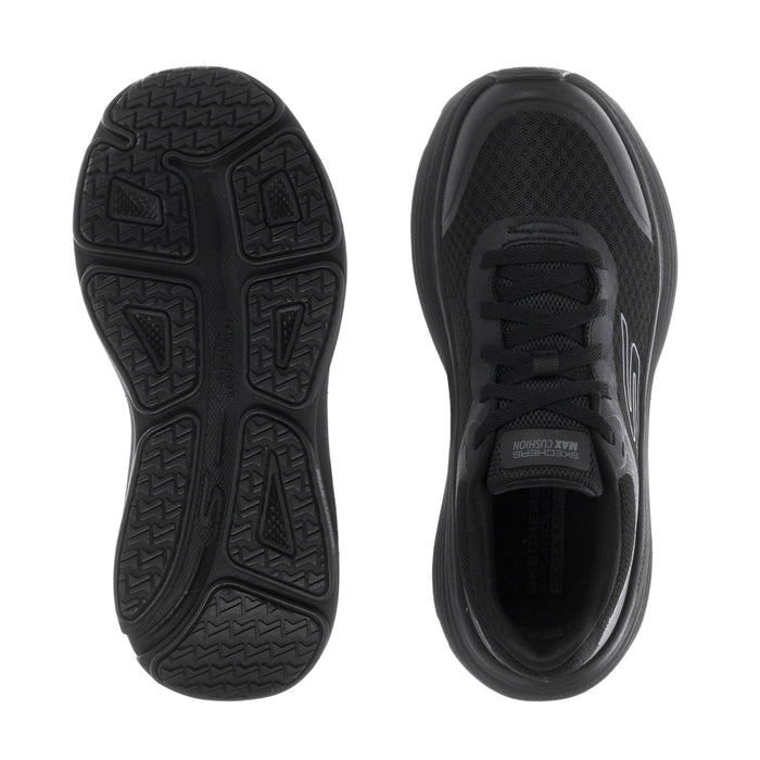 Black athletic sneaker outsole and inside collar view, lace-up shoe