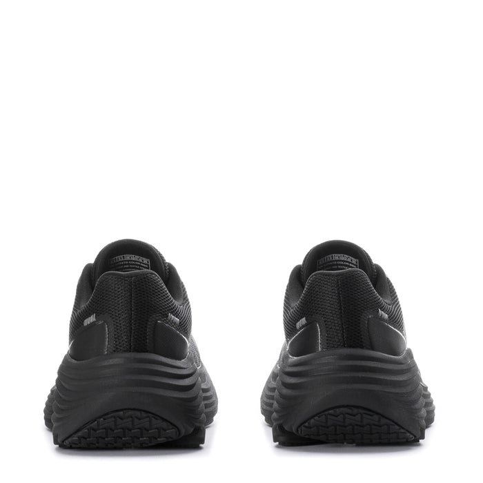 Black women's running shoes heel view, lace-up upper and ridged cushioned midsole