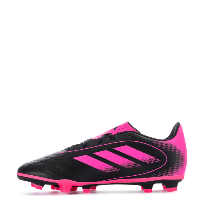 Youth soccer cleat, black and pink, side logo with studded outsole