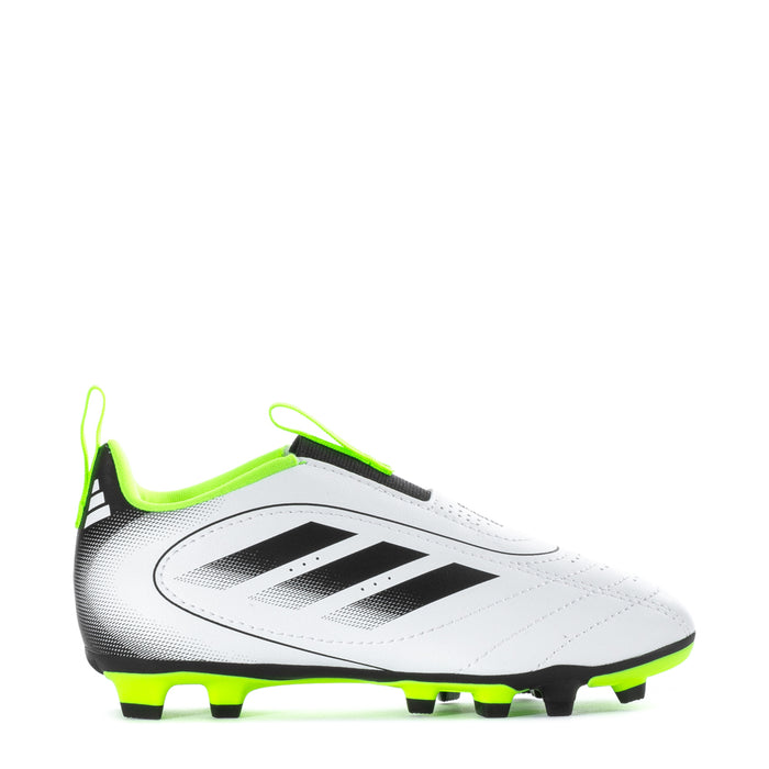 Kids soccer cleats, white/black with neon green trim and FG ground studs