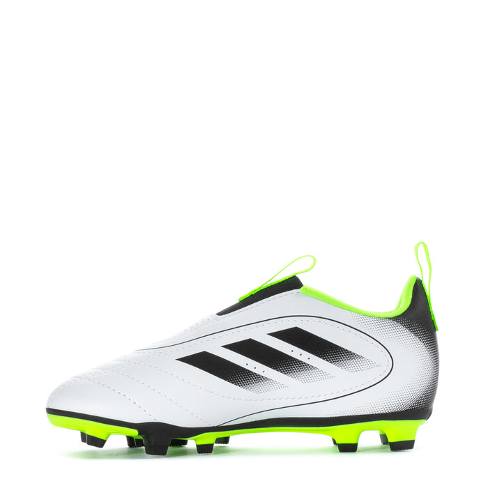 Kids soccer cleats side view, white upper with black logo and neon green FG sole