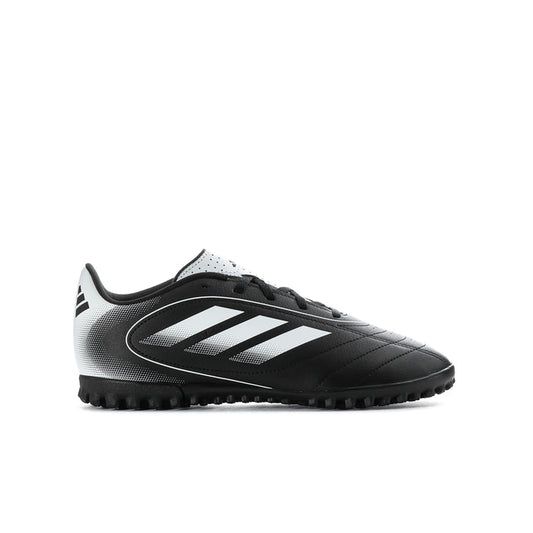 Youth soccer cleat, black leather-look with white stripes and molded rubber studs.