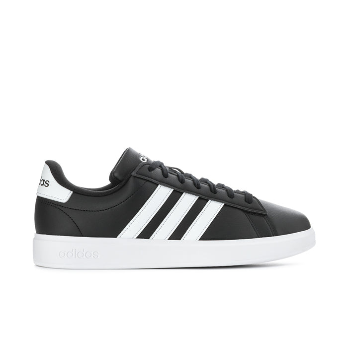 Men's black adidas court sneakers with three white side stripes and white sole