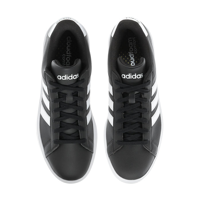 Men's black adidas sneakers with white stripes and lace-up front