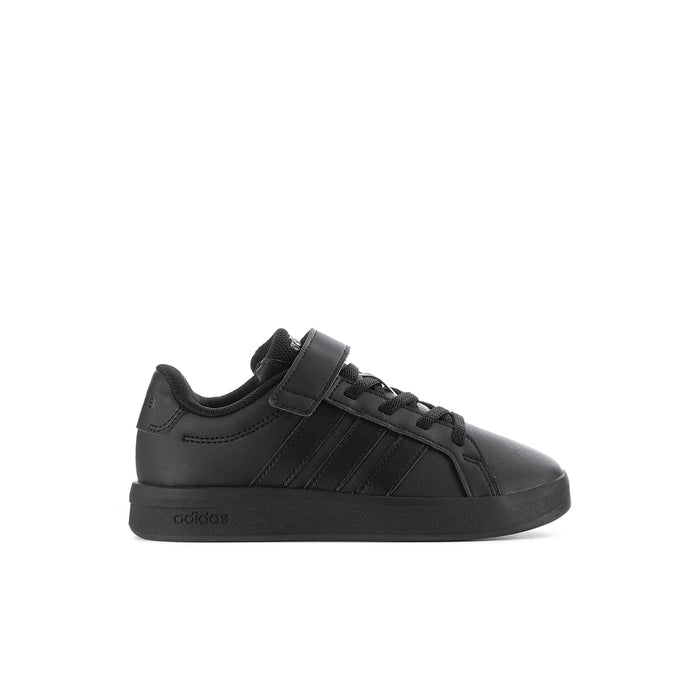 Kids black sneakers with hook-and-loop strap and lace-up front.