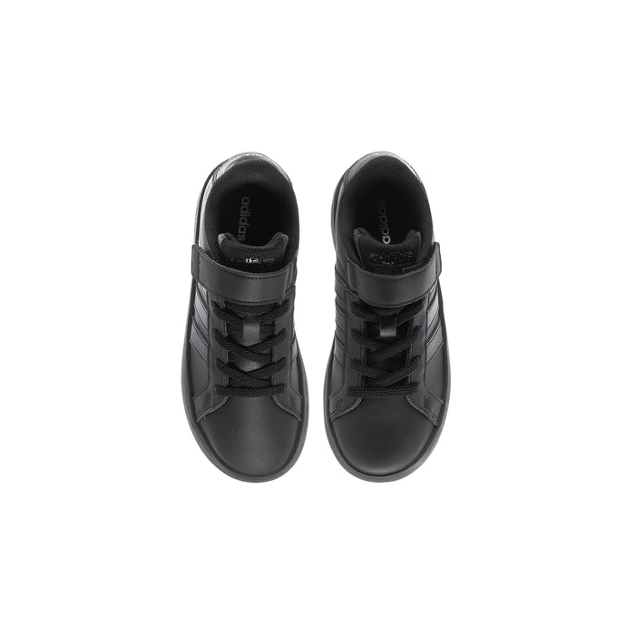 Kids black sneakers with hook-and-loop strap and stitched toe cap.