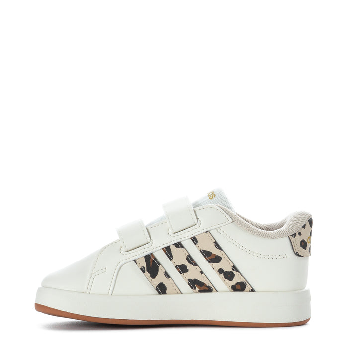 Toddler adidas sneakers, side view in white with leopard-print adidas stripes