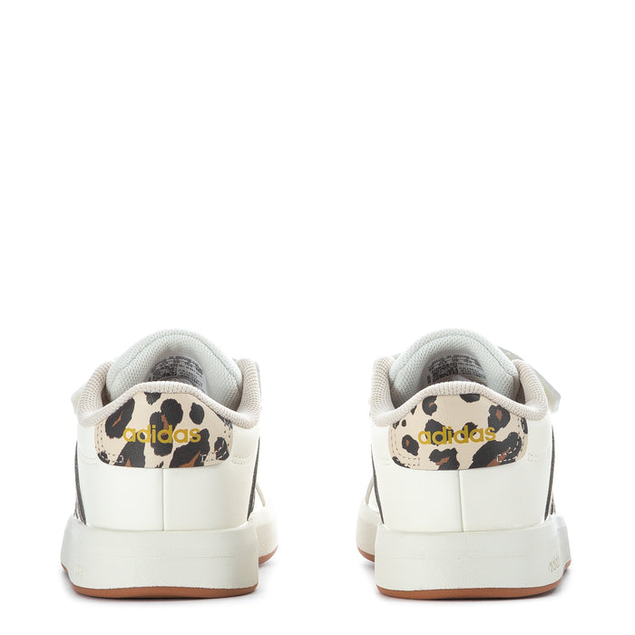 Toddler adidas sneakers, back view with leopard print heel panel and gum sole