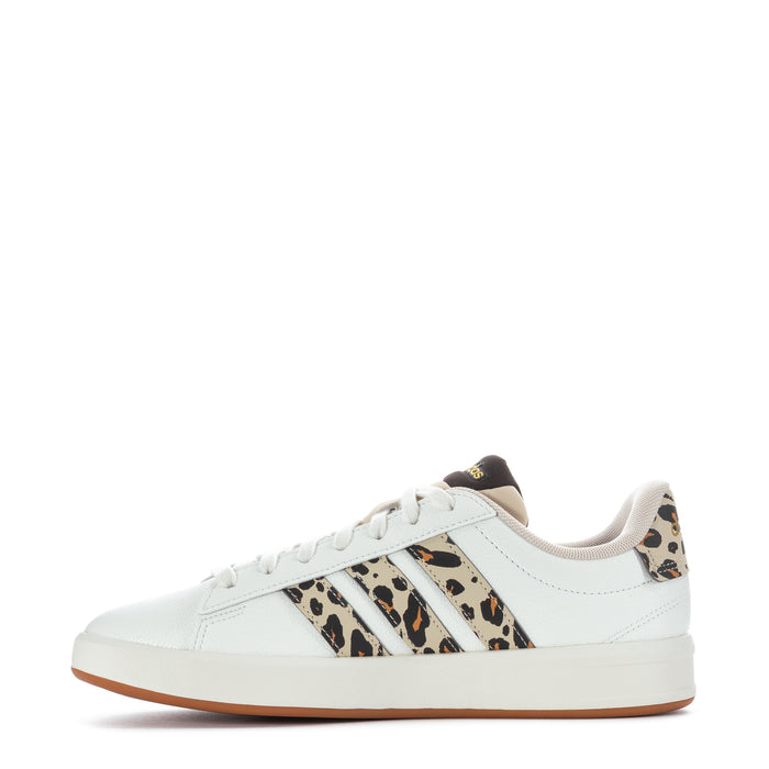Women's adidas lace-up sneaker in white with leopard-striped side stripes