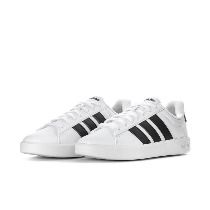 Women's adidas Grand Court 3.0 sneakers, pair view in white with black 3-Stripes.