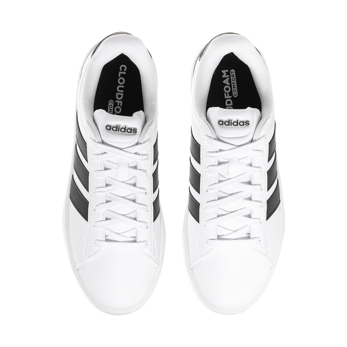 Women's adidas Grand Court 3.0 sneakers, top view with white laces and black inner lining.