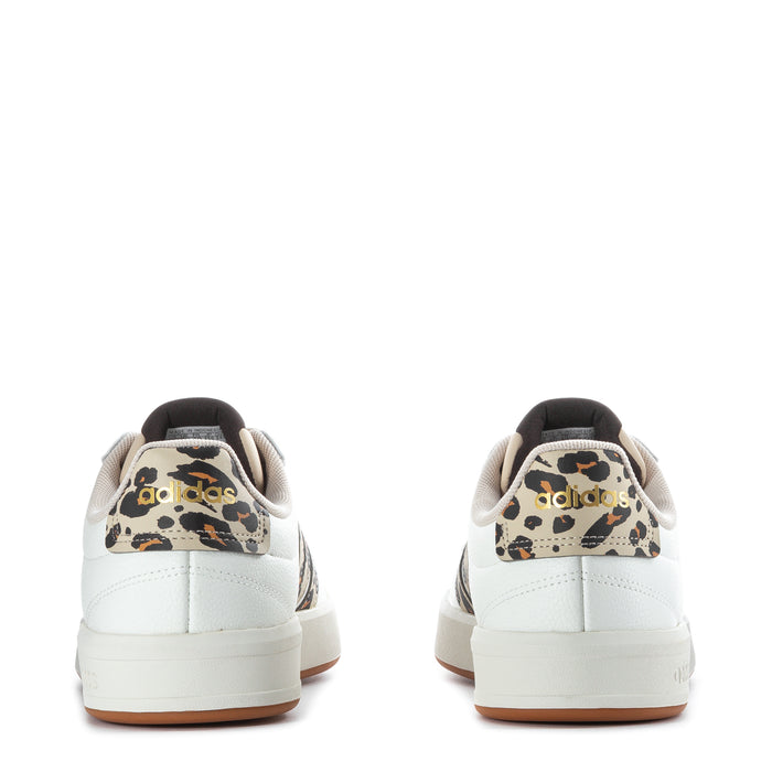 Women's adidas heel view, white leather with leopard-print heel tab and laces