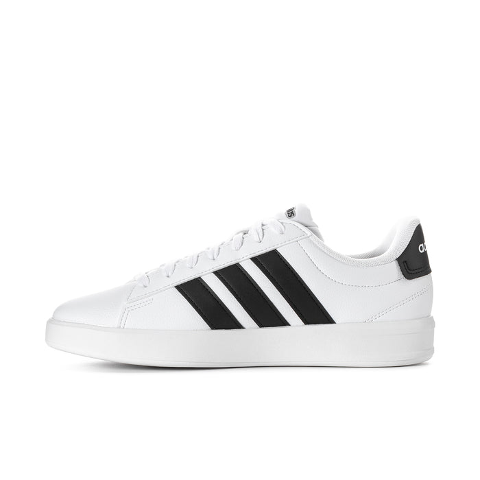 Women's adidas Grand Court 3.0 sneakers, side profile in white with black adidas Stripes.