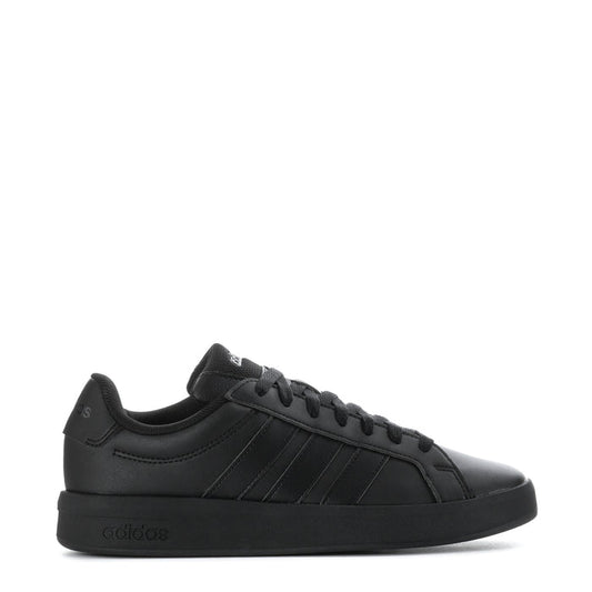 Black youth adidas sneakers with side stripes and lace-up closure