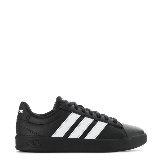 Women's adidas Grand Court 3.0 wide sneakers, black with white stripes and lace-up front