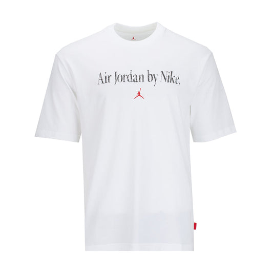 White crew T-shirt with 'Air Jordan by Nike' graphic and small red Jumpman logo