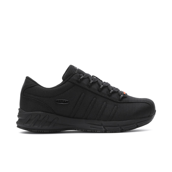 Black men's lace-up athletic shoe with cushioned sole and textured upper