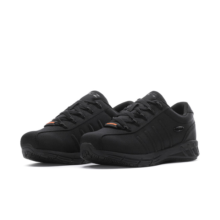 Black men's lace-up athletic shoes, side view with orange logo accents