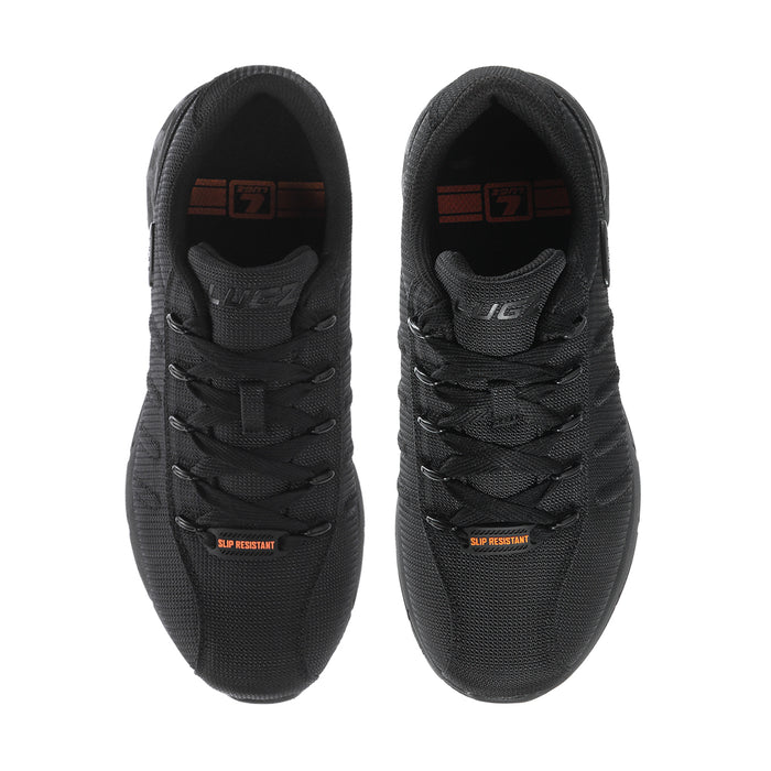 Black men's athletic shoes, front view; padded tongue and lace details