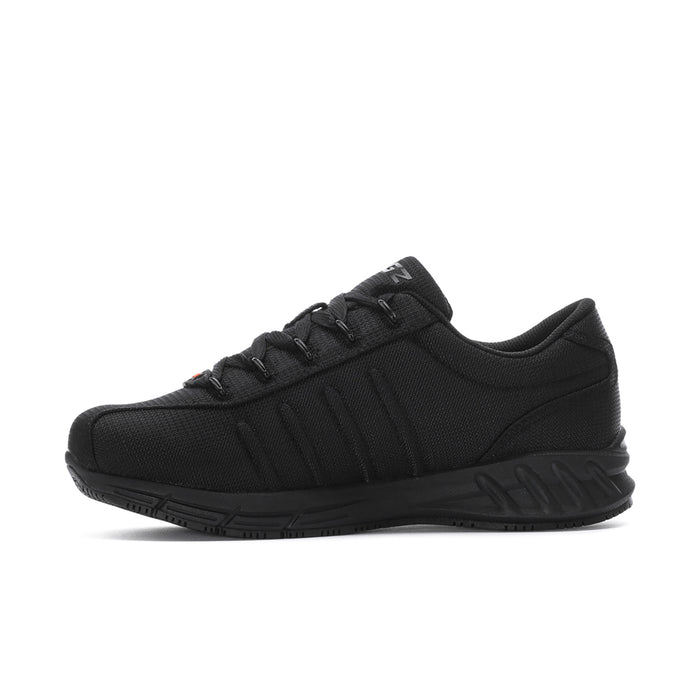 Black men's lace-up athletic shoe, profile view with textured side panels