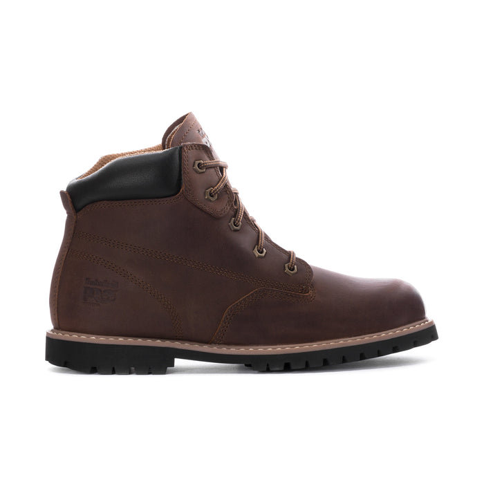 Brown mens lace-up 6-inch work boot with black collar and rugged tread sole