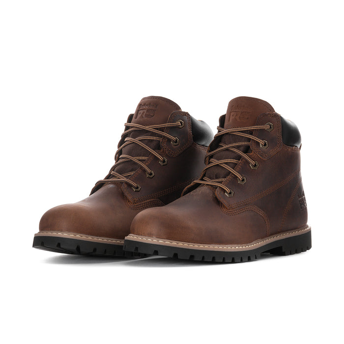 Brown leather mens 6-inch lace-up work boots with thick lug tread sole