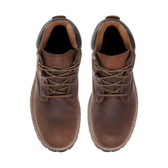 Brown mens lace-up boots with padded collar, visible stitching, and orange laces