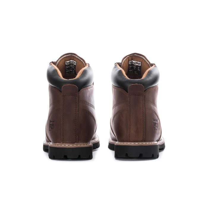 Brown mens 6-inch lace-up boots with black heel panel and cushioned collar