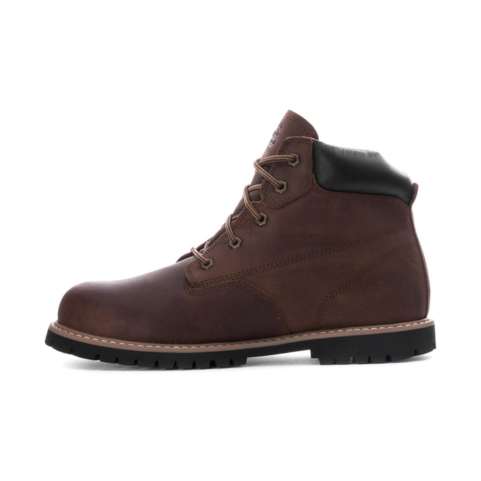 Brown mens 6-inch lace-up work boot with black collar panel and lace hardware