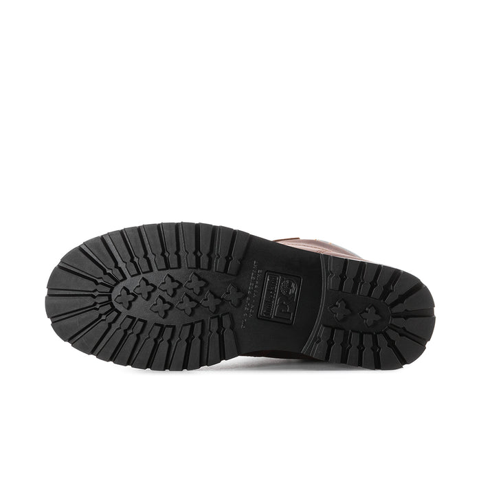 Black rugged outsole with X-pattern tread and molded logo on boot