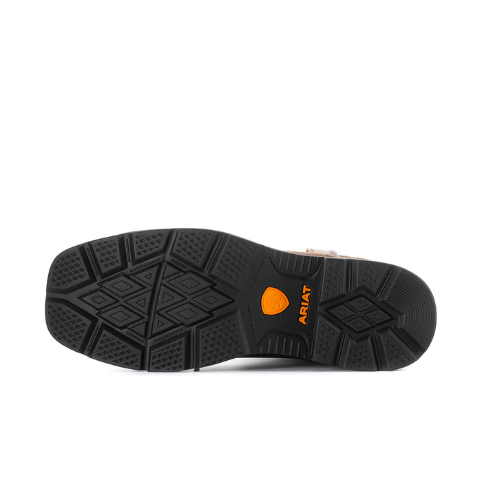 Brown square-toe work boot outsole with deep tread and ARIAT logo