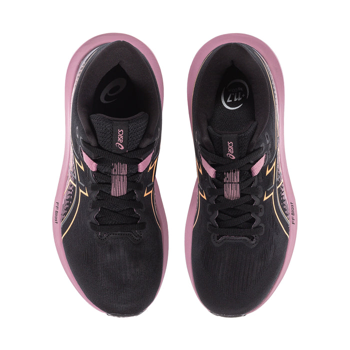 Women’s running shoes with black mesh upper, pink lining, gold side graphics