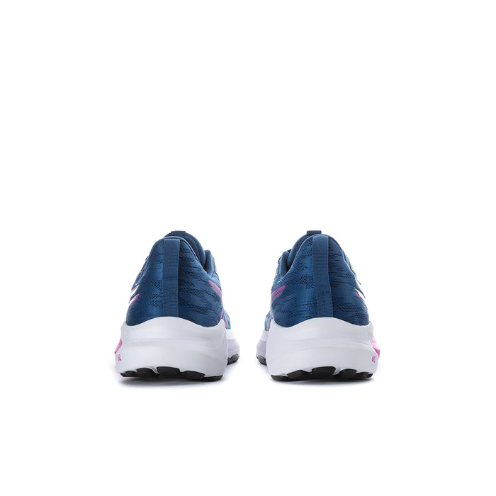 Youth running shoe back view, blue upper with white heel and fuchsia details