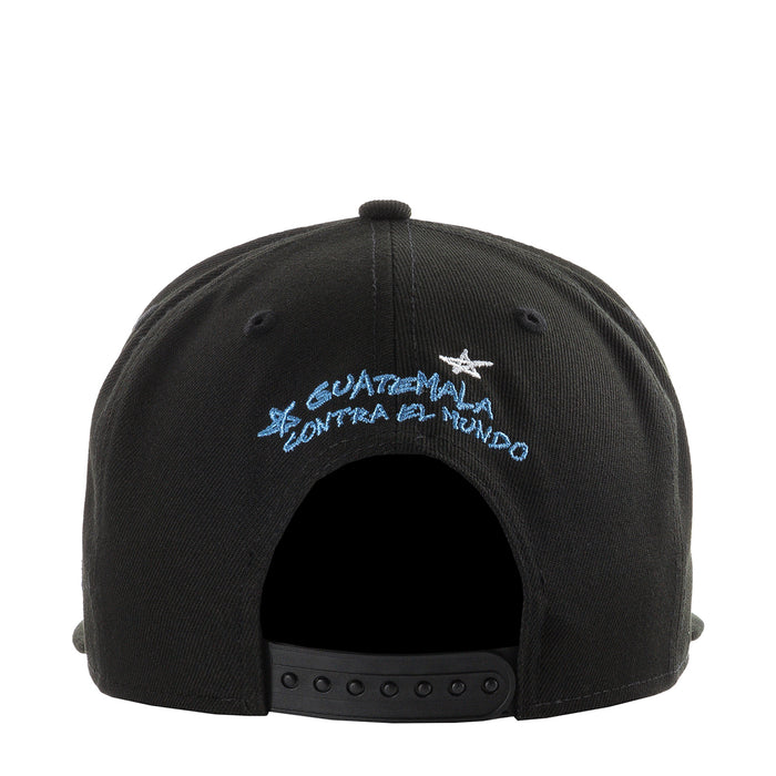Black baseball cap back with blue embroidered Guatemala and adjustable snap strap