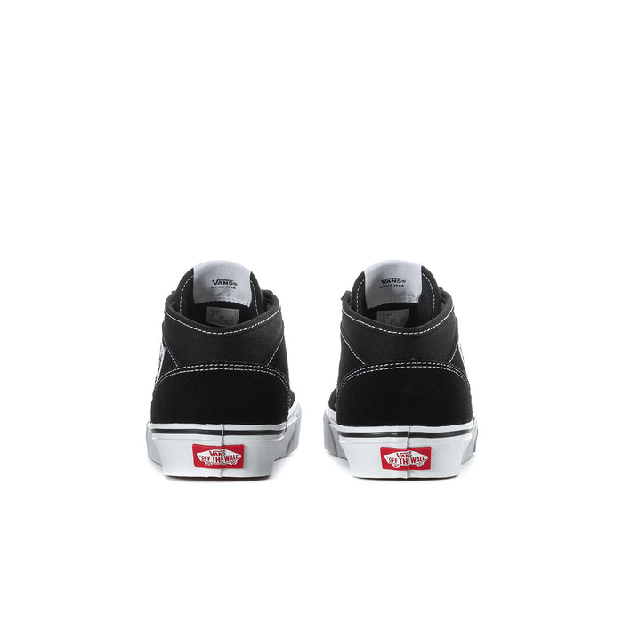 Youth black high-top sneakers, back view with white soles and heel branding