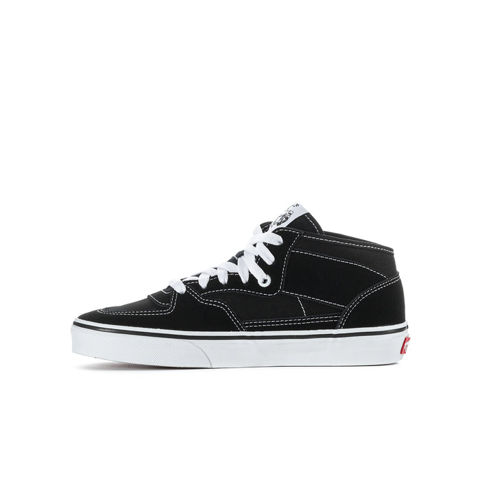 Youth black high-top sneaker side view with white laces and logo patch