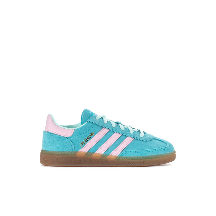 Kids adidas Handball Spezial sneakers, aqua suede, pink 3-stripes, gum sole