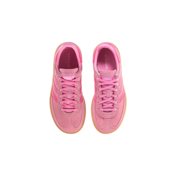 Pair of kids pink lace-up sneakers with cushioned collars and gum rubber soles