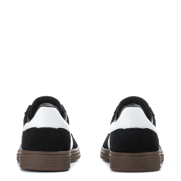 Kids adidas Spezial sneakers, black suede with white heel panel and brown gum sole
