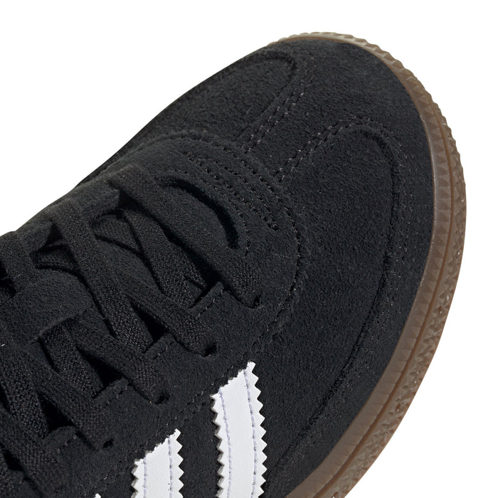 Kids adidas Spezial sneaker toe, black suede texture with black laces and white stripes