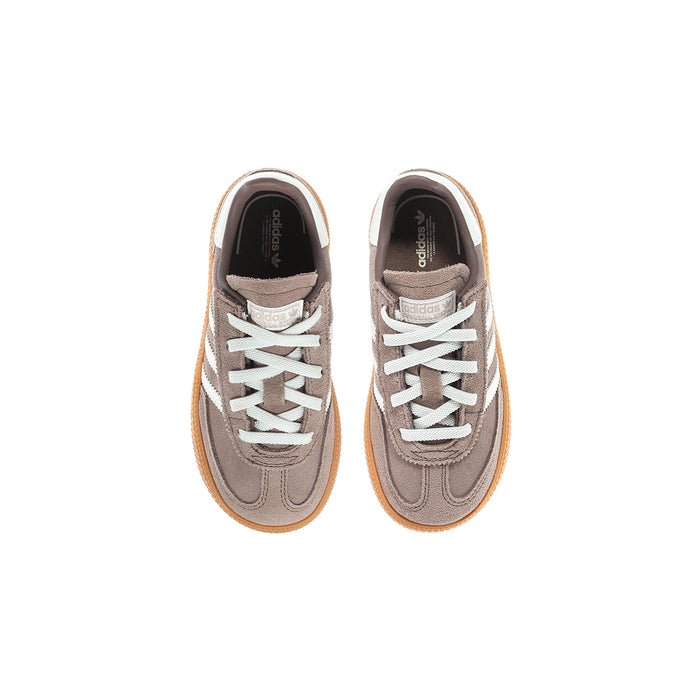 Toddler sneakers, brown uppers with white laces and cream adidas-style stripes