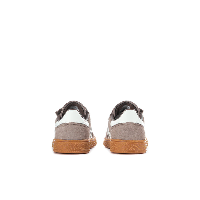 Toddler sneakers, brown suede with white heel panel and gum heel cup