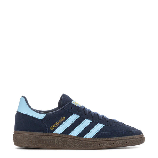 Youth navy adidas sneakers with light blue stripes and gum-brown outsole