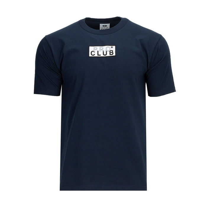 Men's navy heavyweight tee with embroidered box logo on chest, crew neck, short sleeves