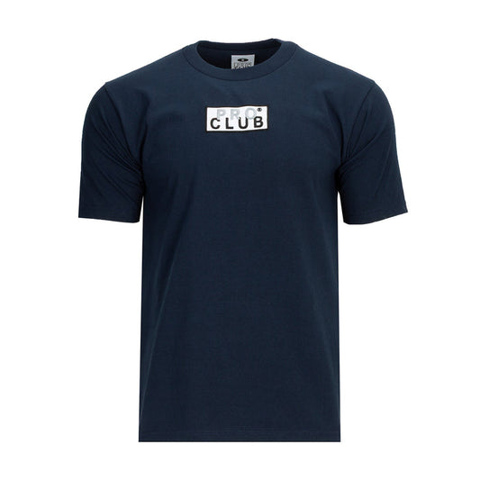 Men's navy heavyweight tee with embroidered box logo on chest, crew neck, short sleeves