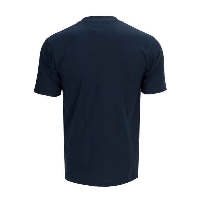 Men's navy heavyweight tee, back view with smooth plain fabric, crew neck, short sleeves