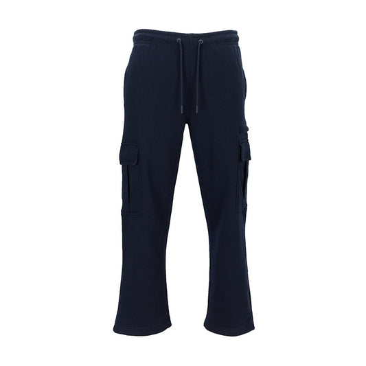 Navy open-hem cargo sweatpants with drawstring waist and side pocket detail