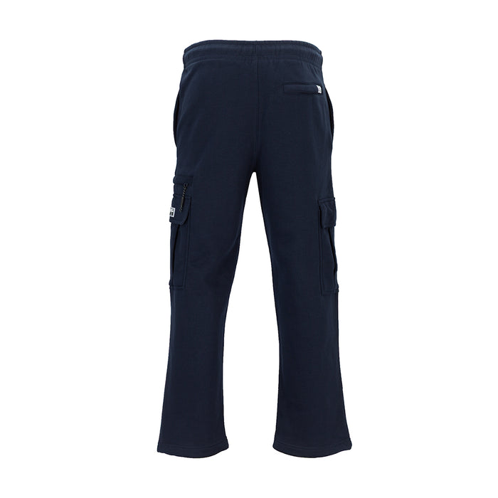 Navy cargo sweatpants with adjustable side pockets and drawstring waistband