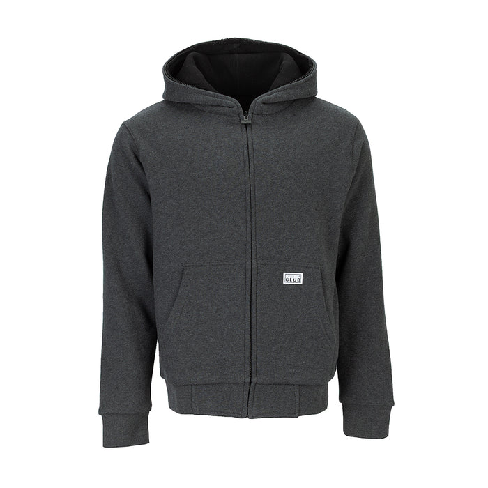 Mens charcoal grey zip-front hoodie with hood and front kangaroo pocket
