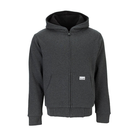 Mens charcoal grey zip-front hoodie with hood and front kangaroo pocket